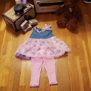 NWT Denim Tulle Flowers Pink Dress & Leggings